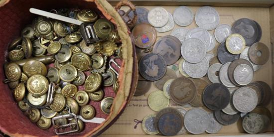 A collection of coins and military buttons